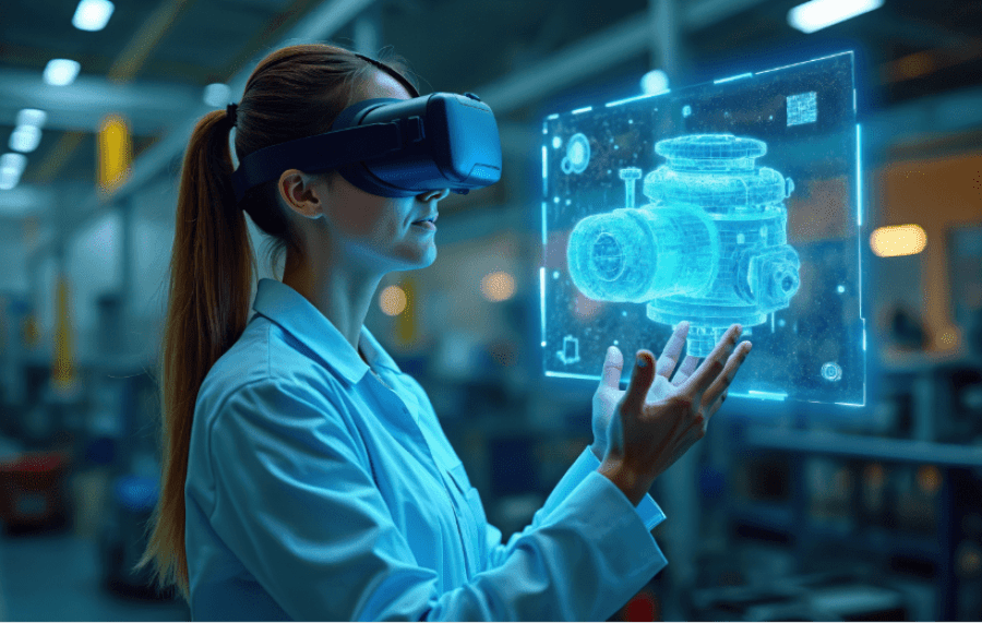 Realtà aumentata automotive: ingegnere con visore AR progetta componenti virtuali