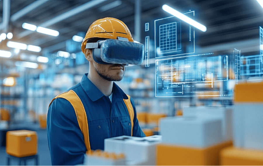 Realtà aumentata industria: operatore con visore AR per controllo di produzione