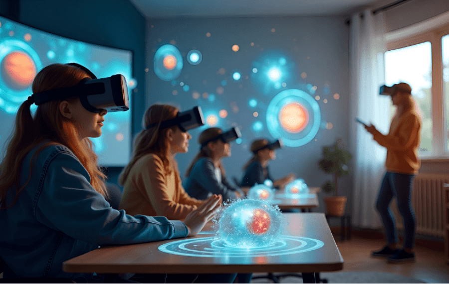 Realtà aumentata formazione: studenti con visore AR in aula interattiva