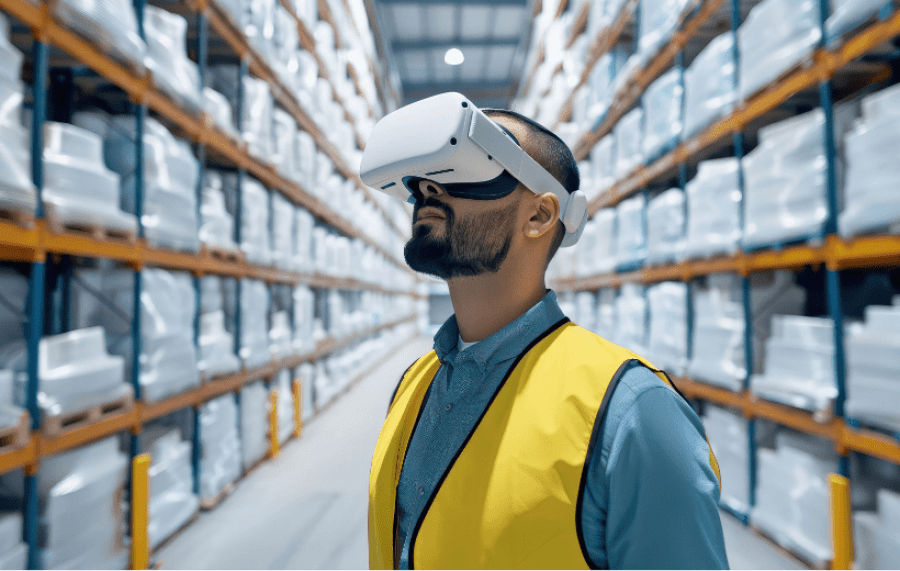 Operatore di magazzino con visore AR per gestione logistica e stoccaggio