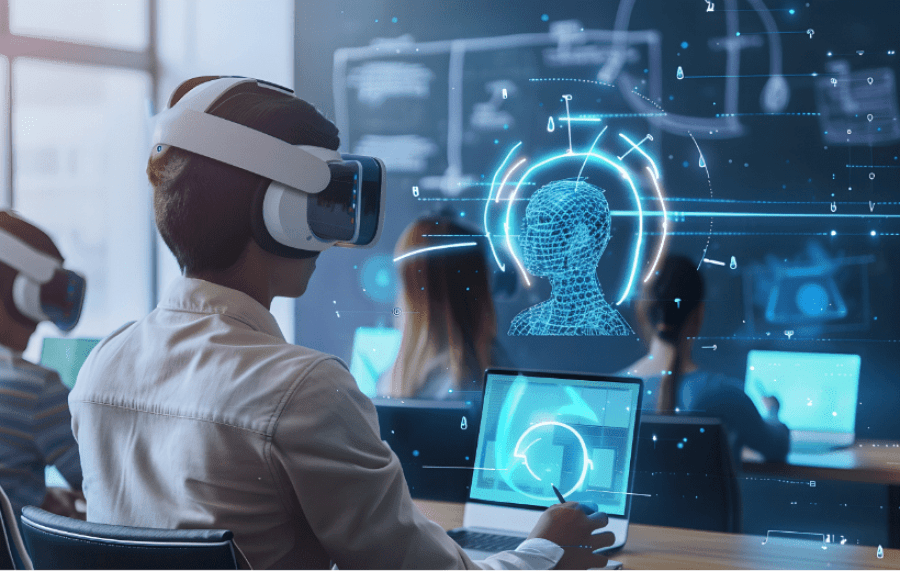 Docente e studenti con realtà aumentata per apprendimento immersivo